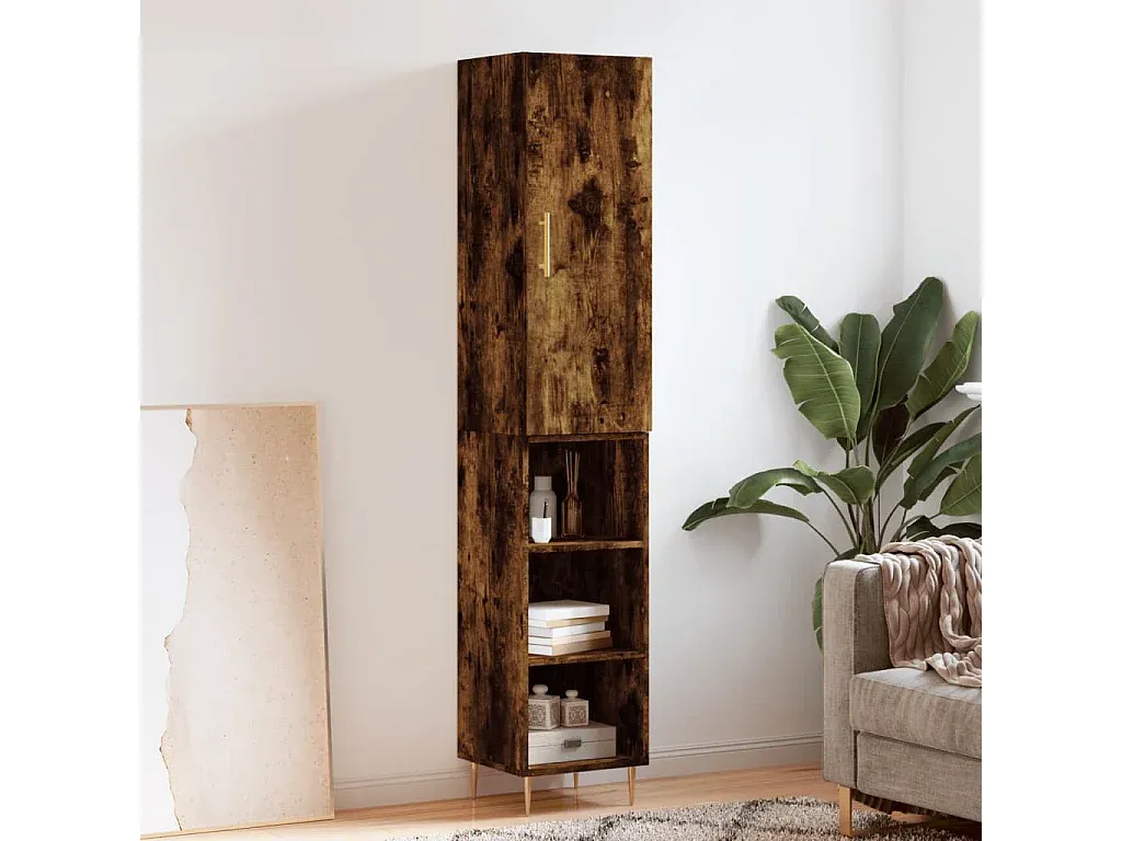 Schmales Highboard in Eicheoptik mit Türen und Fächern-decororise