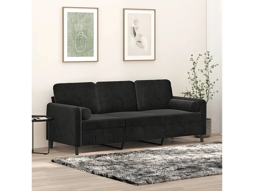 Schwarzes Samtsofa mit Zierkissen, 180 cm-decororise