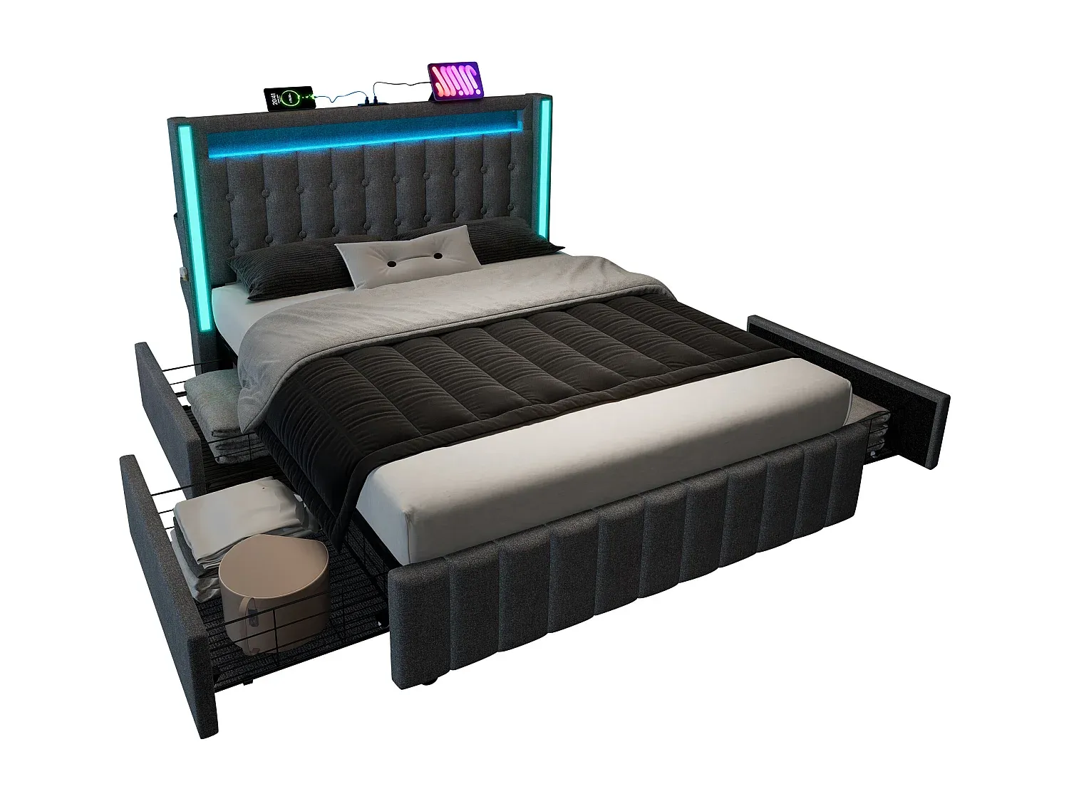 Gepolstertes Doppelbett mit LED-Beleuchtung und Stauraum in Grau-decororise