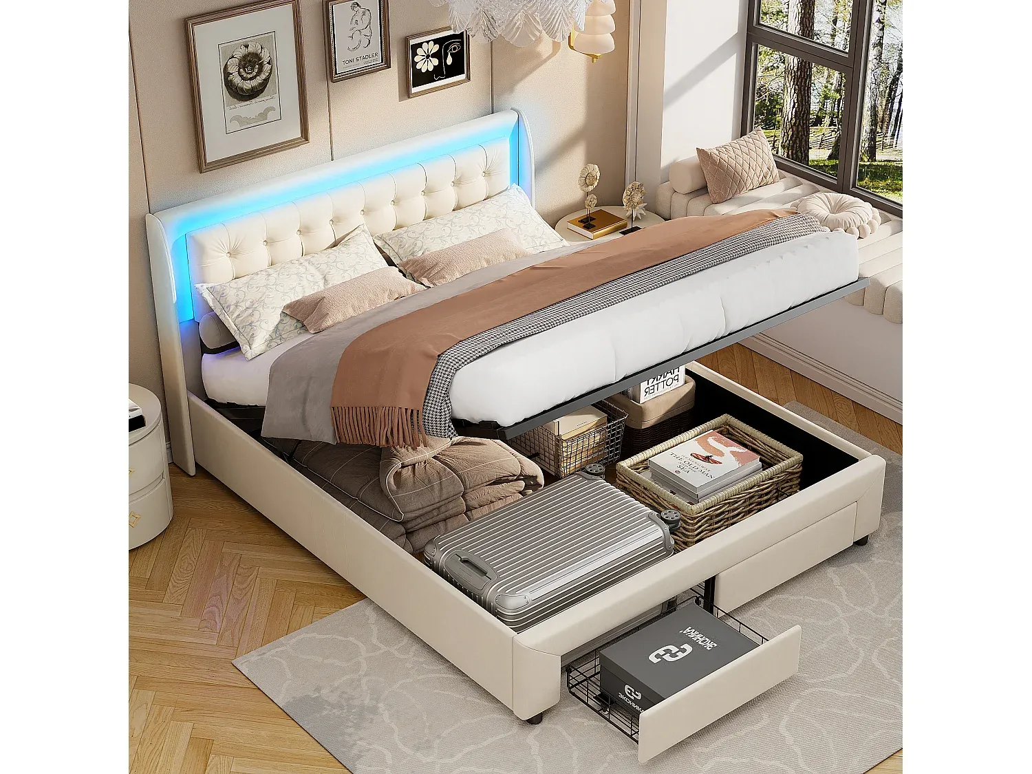Bequemes Doppelbett 160x200 cm mit Schubladen und LED-decororise