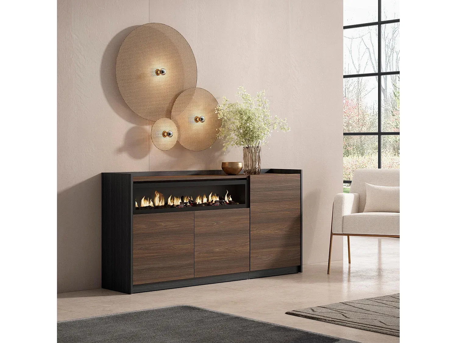 Moderner Schrank mit Elektrokamin und Stauraum, Dunkel Eiche-decororise