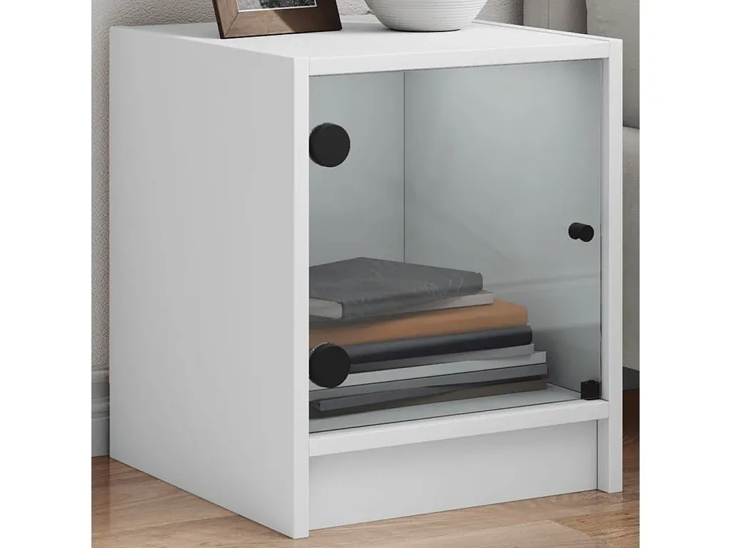 Nachttisch Set mit Glastüren, Weiß, 35x37x42 cm-decororise