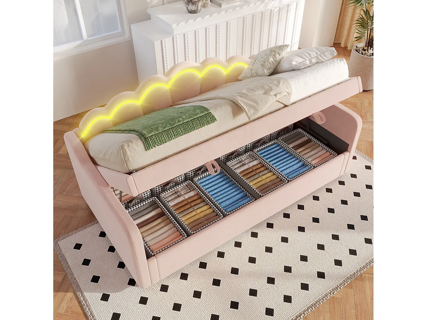 Stauraumbett mit LEDs, 90 x 200 cm, Schlafsofa, Samt, Rosa, ohne Matratze-decororise
