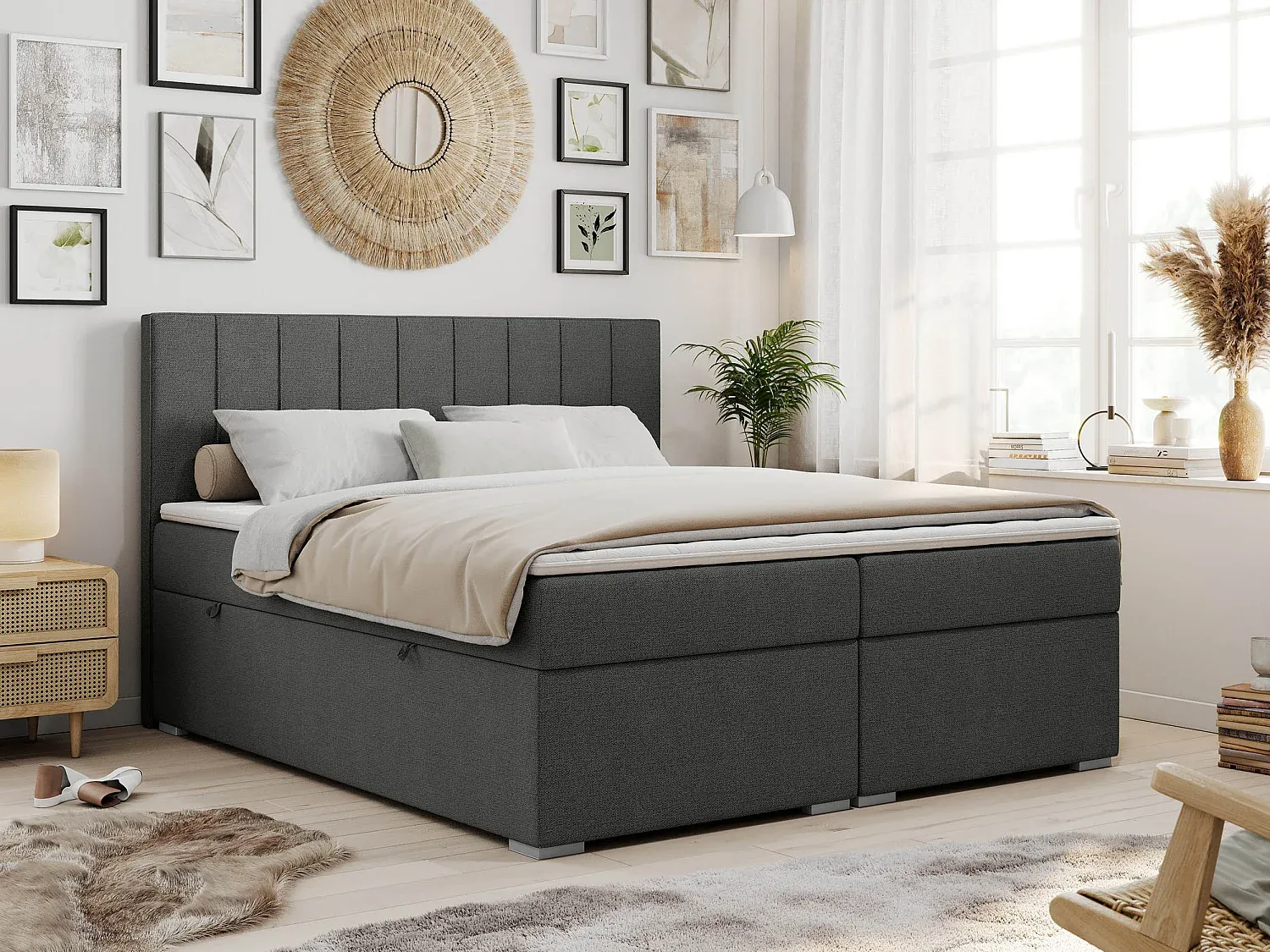 Praktisches Boxspringbett mit Stauraum, Multipocket-Matratzen, 160x200 cm, Dunkelgrau-decororise