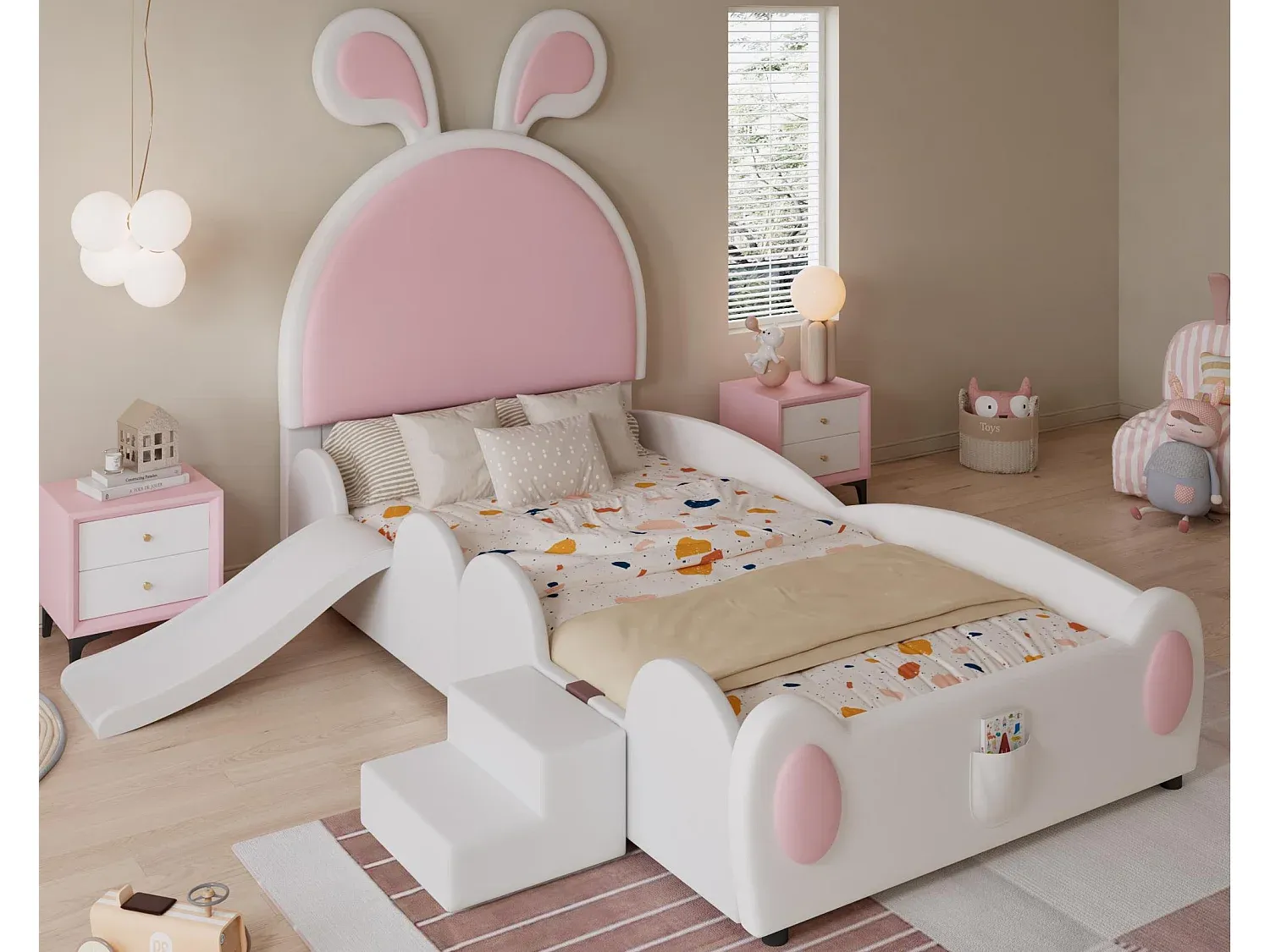 Gemütliches Kinderbett 90x200 cm mit Leiter und Rutsche in Rosa-Weiß-decororise