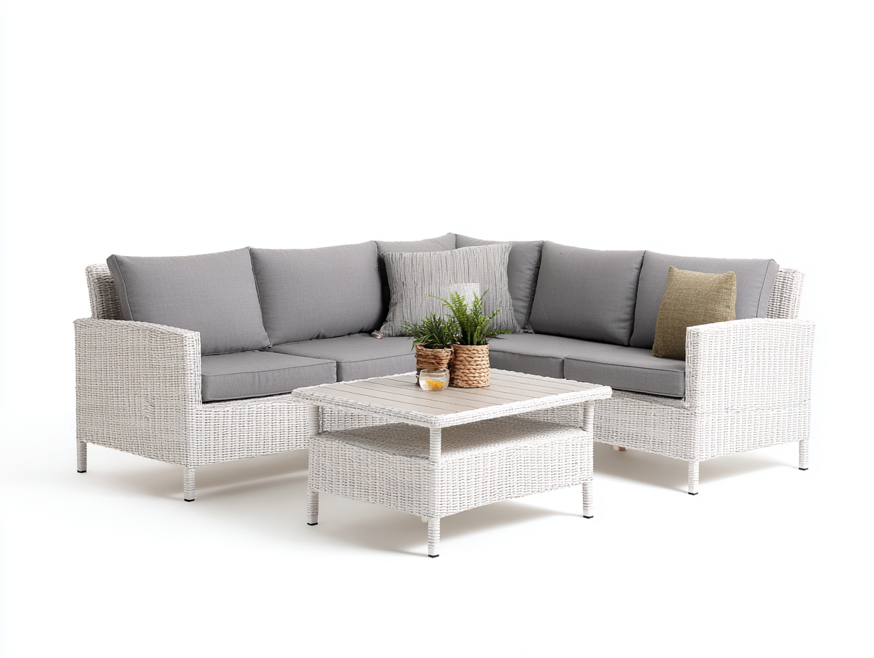 Canapé de jardin en rotin avec table 220x220x75 cm - blanc et gris - design moderne adapté au jardin extérieur-Marahadecor