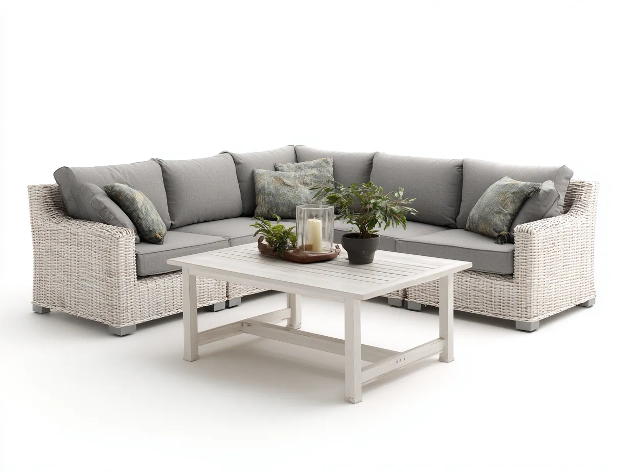 Canapé de jardin en rotin avec table 230x230x80 cm - blanc et gris - design moderne adapté au jardin extérieur-Marahadecor