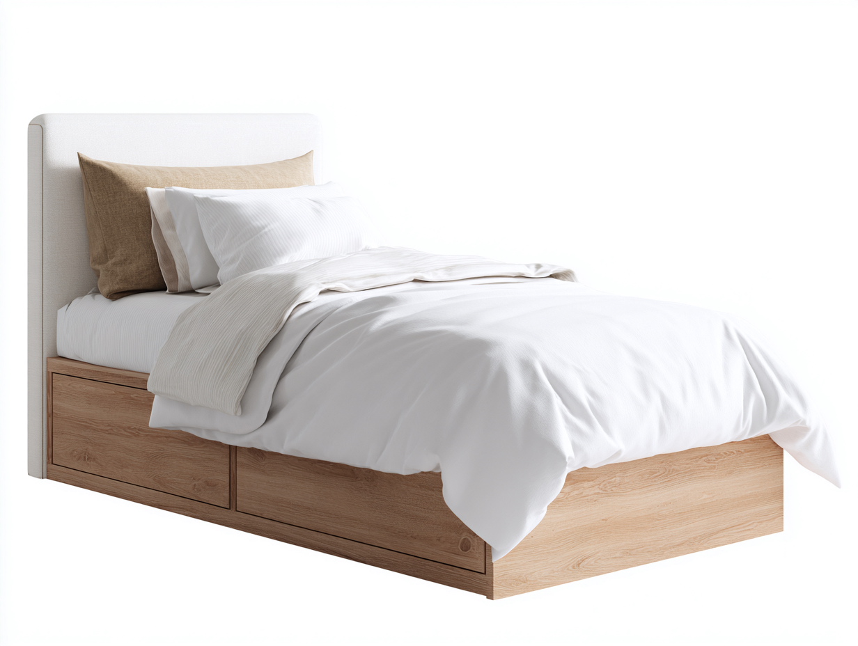 Lit simple bois avec rangement 200x90x100 cm - blanc et bois naturel - design moderne adapté à la chambre-Marahadecor