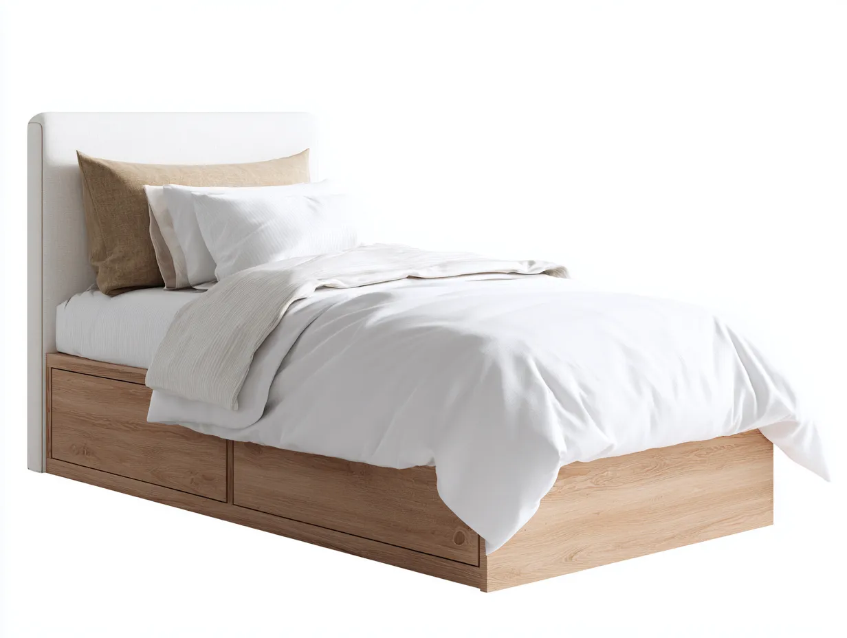 Lit simple bois avec rangement 200x90x100 cm - blanc et bois naturel - design moderne adapté à la chambre-Marahadecor