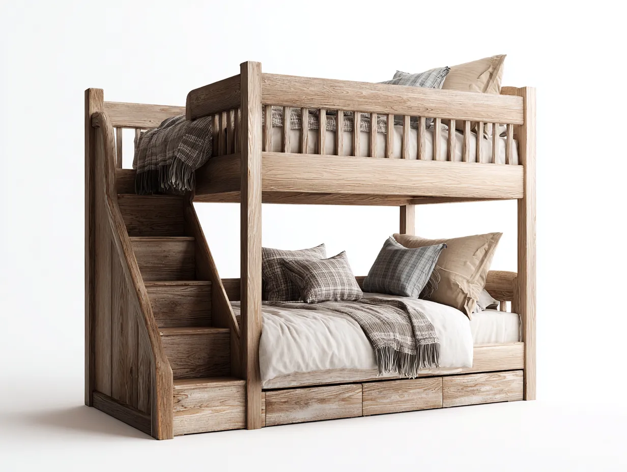 Lits superposés en bois 200x100x175 cm - couleur bois naturel - design moderne avec escalier et rangement pour chambre-Hamonocasa
