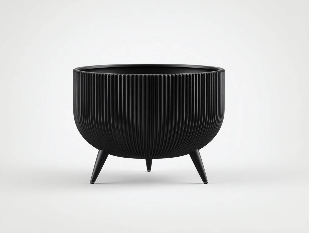 Cache-pot-rond-plastique-Ø32x28cm-noir-mat-style-strié-avec-pieds-design-moderne-Varilonest