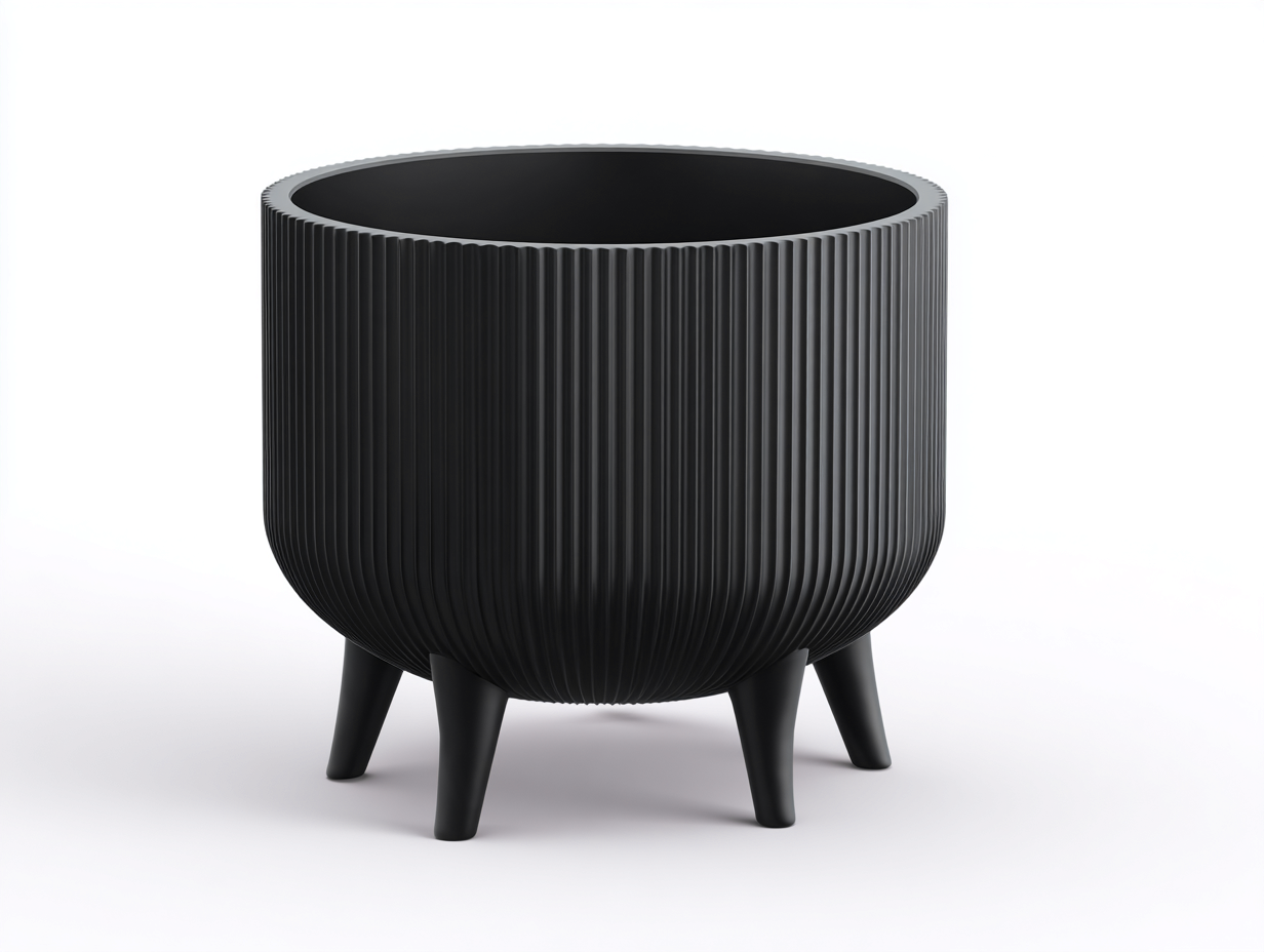 Cache-pot-rond-plastique-Ø30x30cm-noir-mat-style-strié-avec-pieds-courts-design-moderne-Varilonest