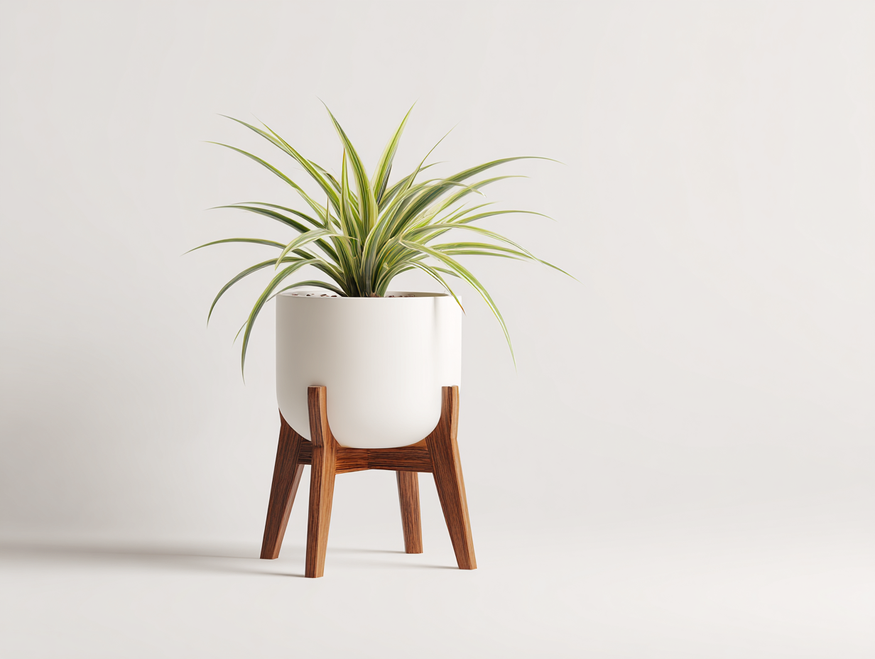 Cache-pot-rond-céramique-Ø22x38cm-blanc-avec-support-bois-style-scandinave-naturel-Varilonest