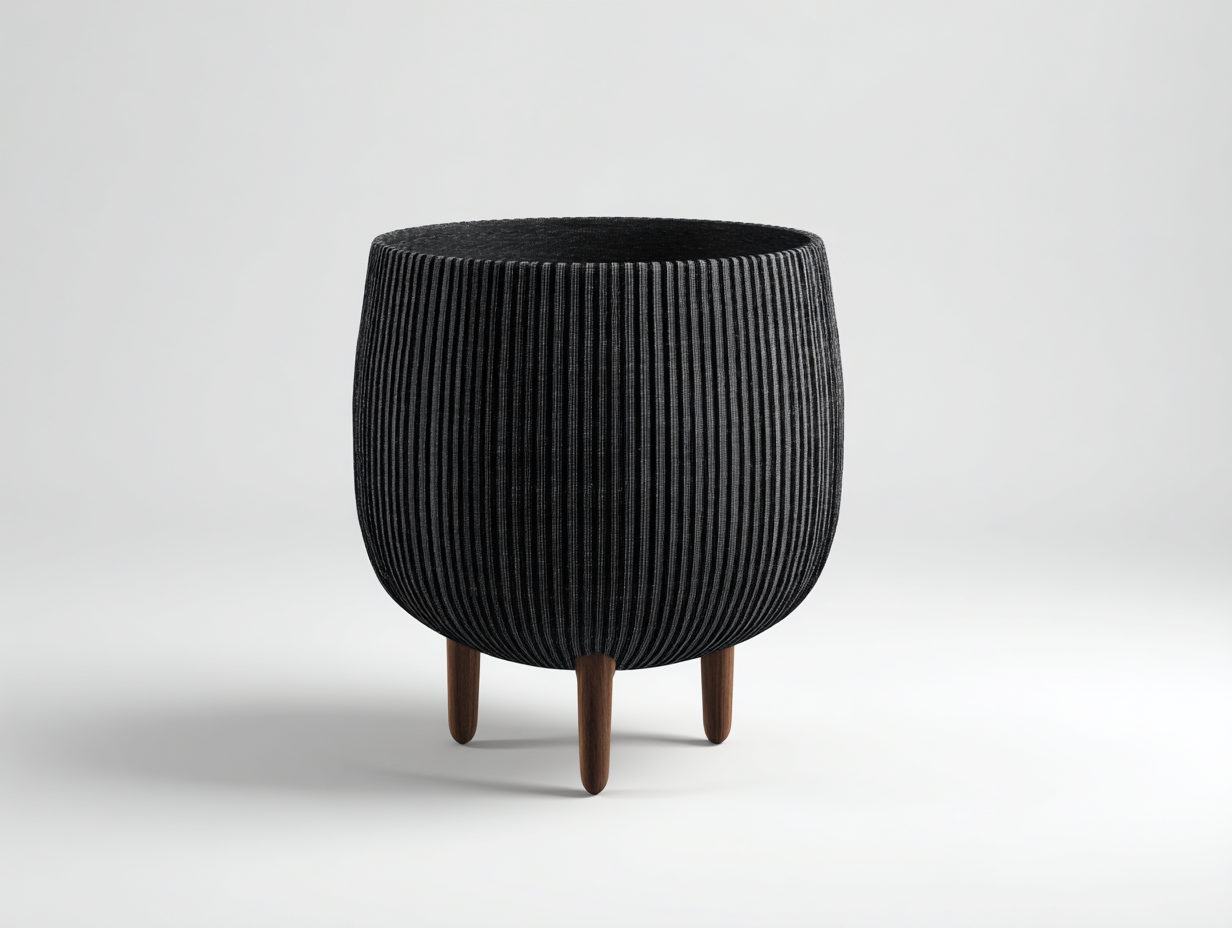 Cache-pot-rond-plastique-Ø26x30cm-noir-texturé-strié-avec-pieds-bois-style-moderne-Varilonest