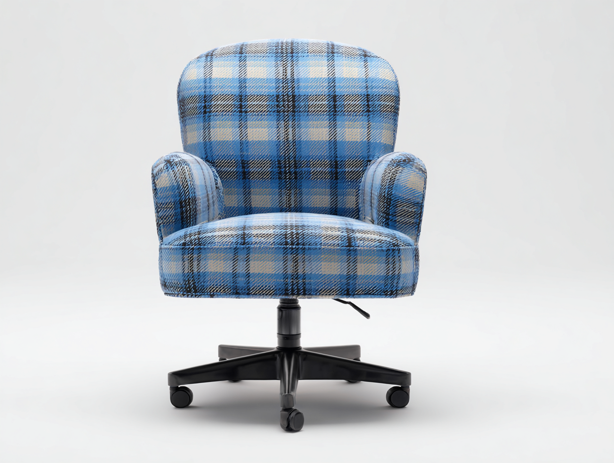 Chaise-de-bureau-tissu-carreaux-62x62x95cm-bleu-motif-écossais-base-noire-roulette-design-confort-Varilonest