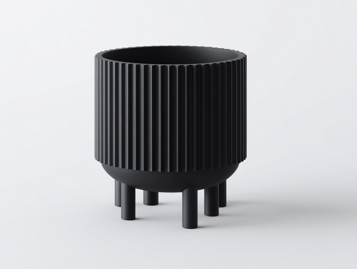 Cache-pot-rond-plastique-Ø28x32cm-noir-mat-strié-avec-pieds-cylindriques-style-moderne-Varilonest