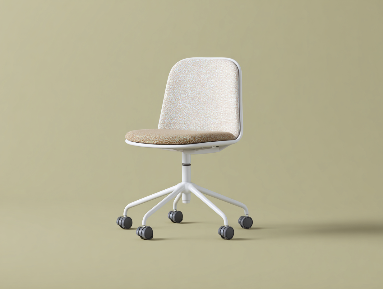 Chaise-de-bureau-tissu-56x56x88cm-beige-clair-structure-blanche-sans-accoudoirs-roulette-minimaliste-Varilonest