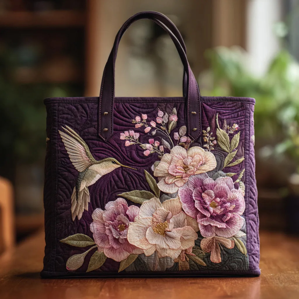 A purple quilted handbag embroidered with hummingbirds and orchids.