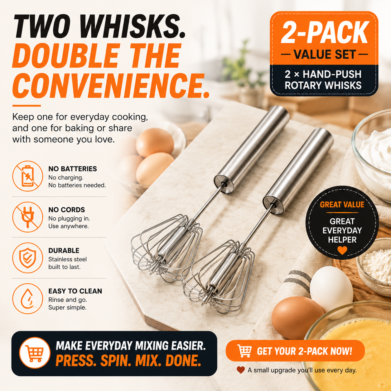 🥚 2er-Pack Handrührgerät mit Drehfunktion – Drücken, drehen & mühelos mixen