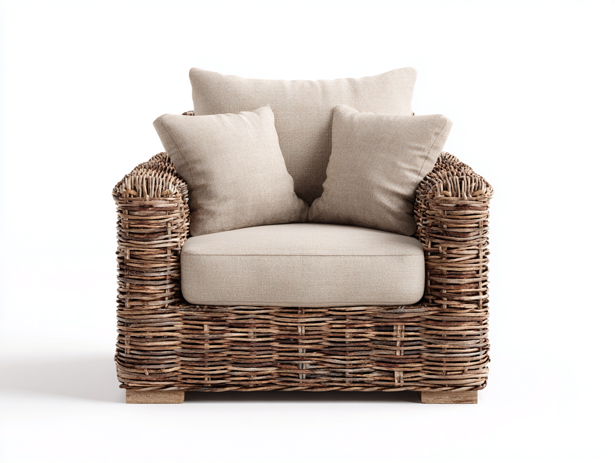 Poltrona da giardino - rattan-legno-tessuto - 92 x 96 x 90 cm - naturale-beige - stile rustico moderno-Raluxmohaus