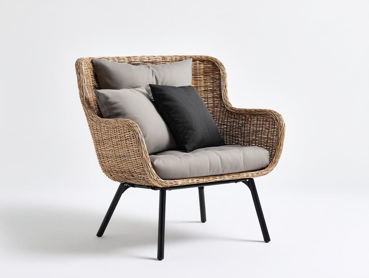 Poltrona da giardino - rattan-metallo-tessuto - 81 x 86 x 90 cm - naturale-grigio scuro - stile moderno-Raluxmohaus