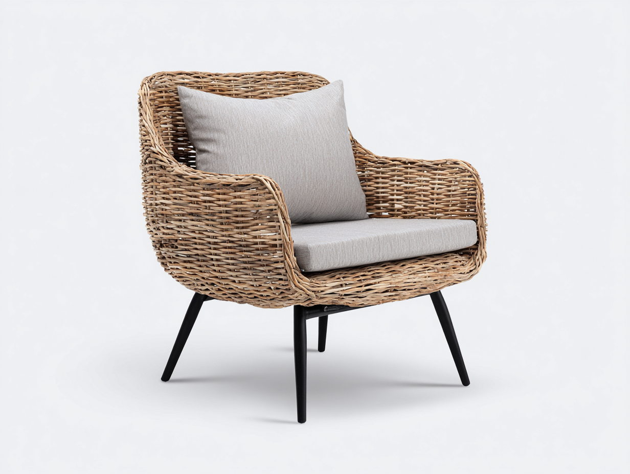 Poltrona da giardino - rattan-metallo-tessuto - 77 x 82 x 88 cm - naturale-grigio chiaro - stile moderno-Raluxmohaus