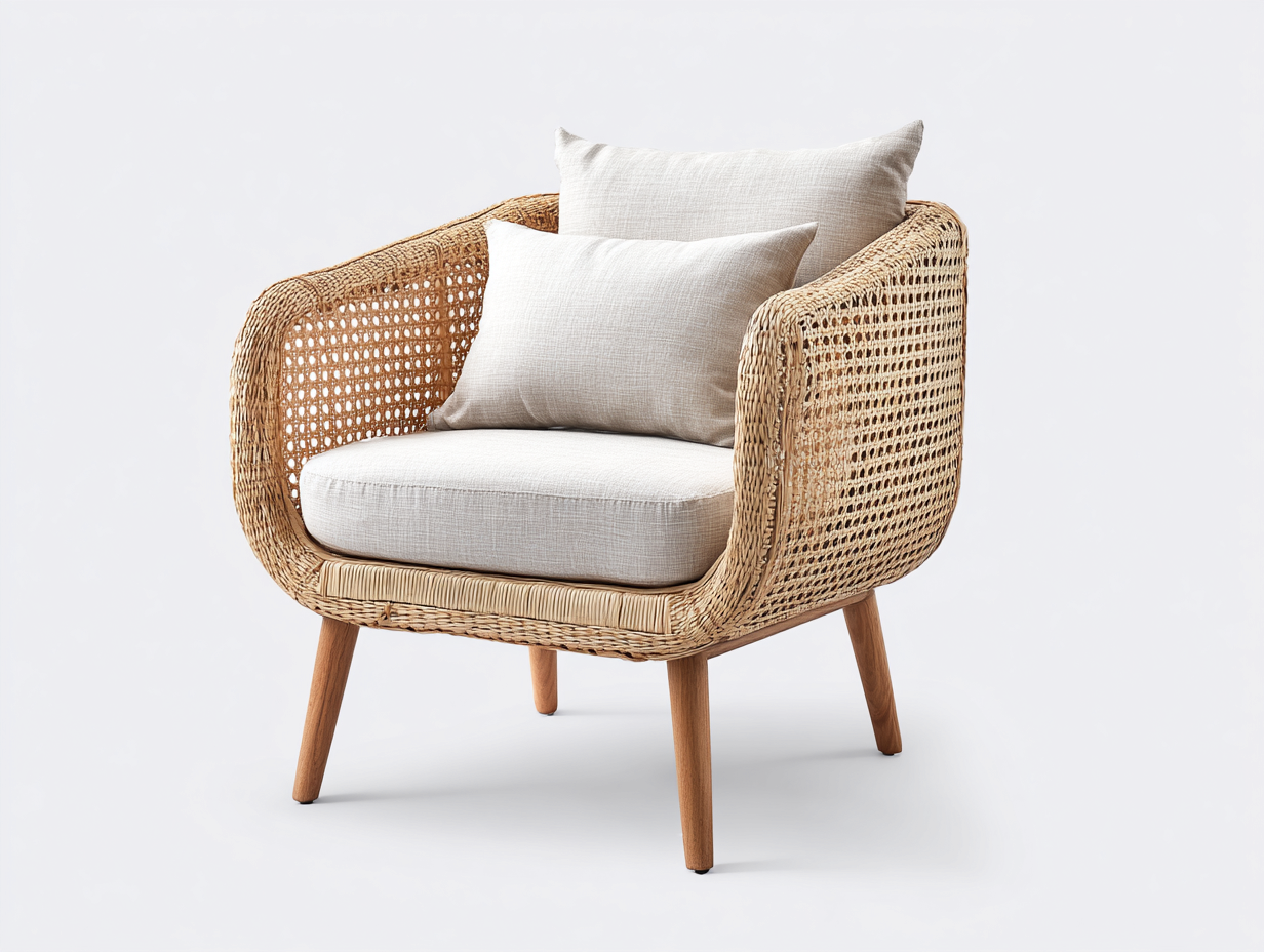 Poltrona da giardino - rattan-legno-tessuto - 82 x 85 x 88 cm - naturale-beige - stile nordico-Raluxmohaus