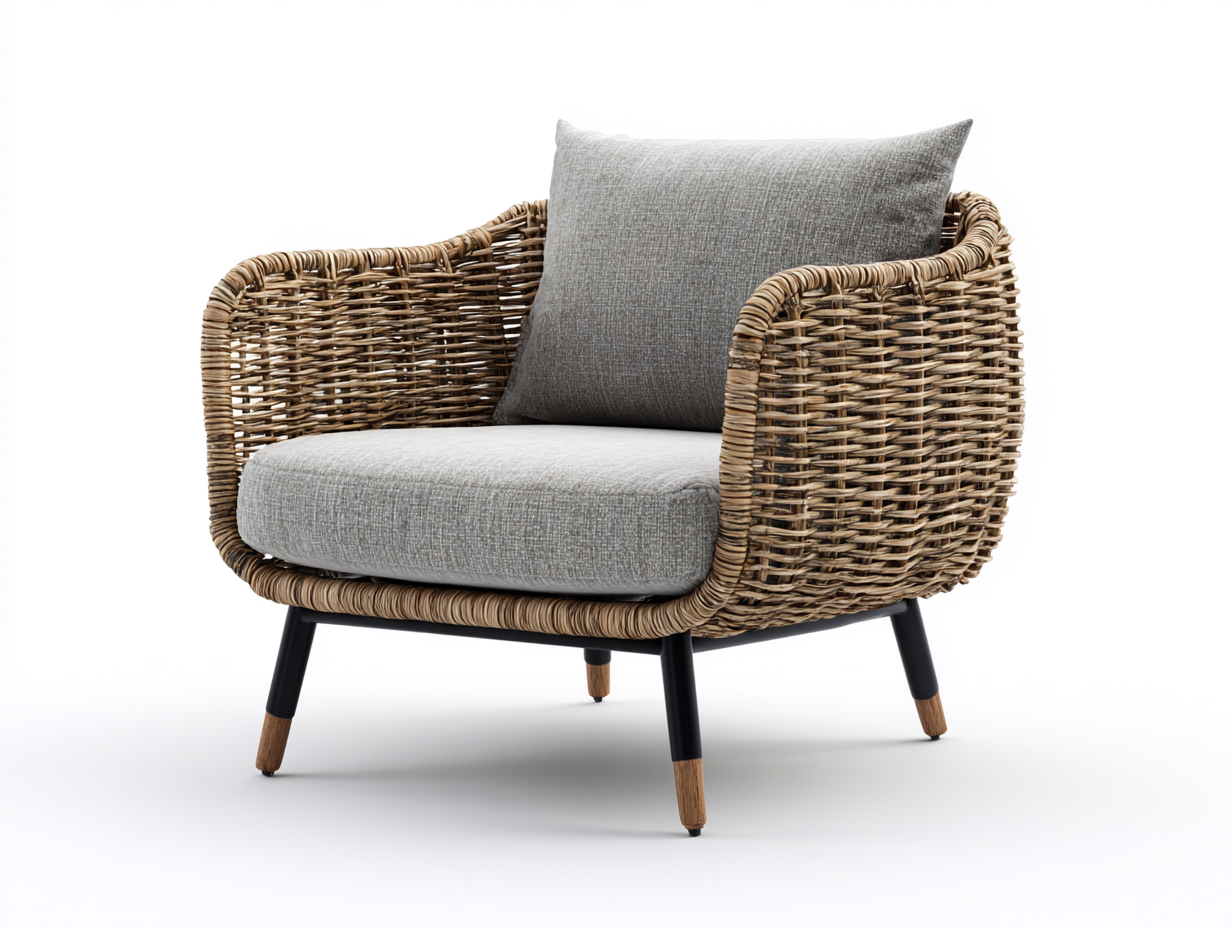 Poltrona da giardino - rattan-metallo-legno-tessuto - 83 x 87 x 89 cm - naturale-grigio chiaro - stile moderno-Raluxmohaus