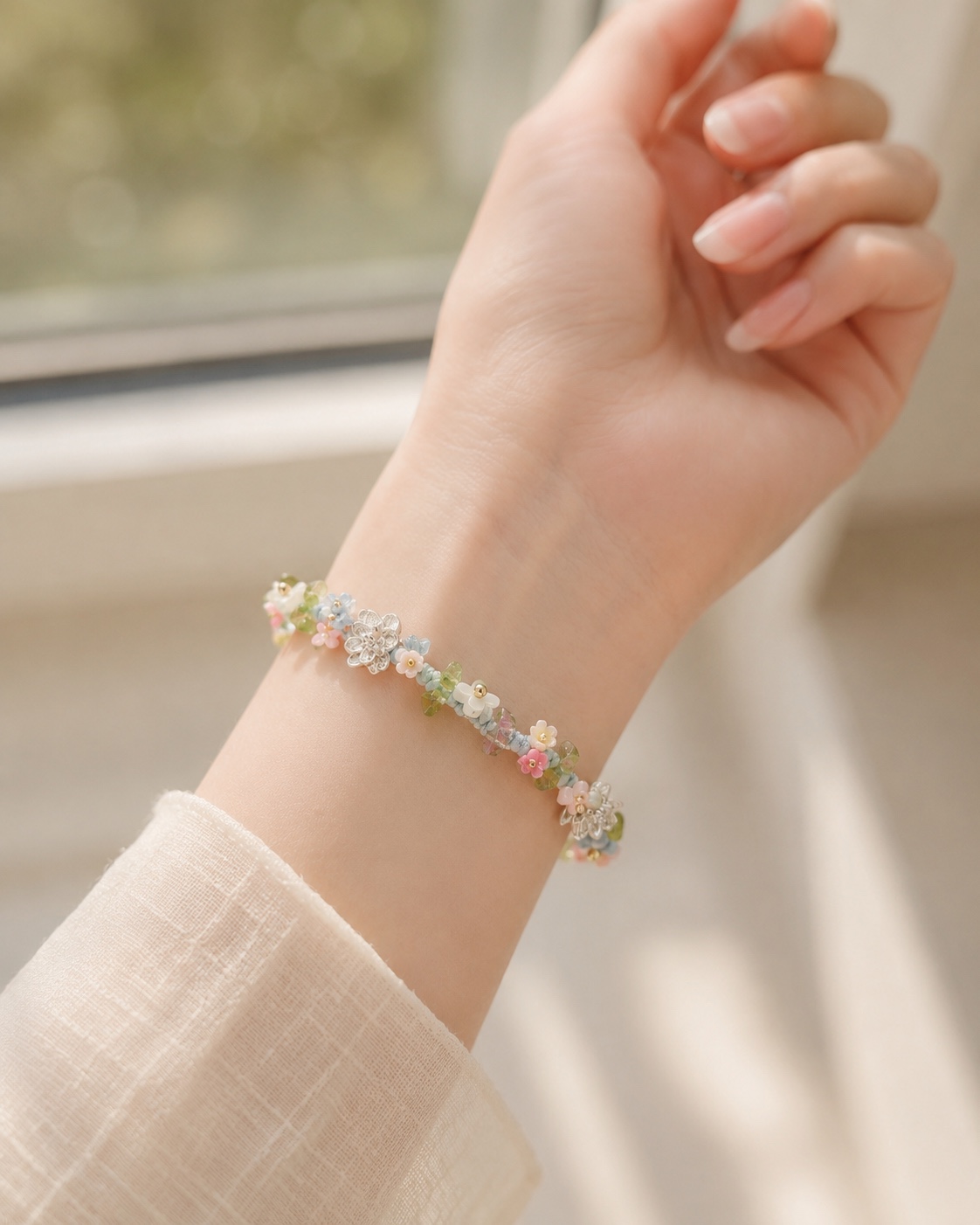Handwoven Floral Beaded Bracelet - Soft Bloom