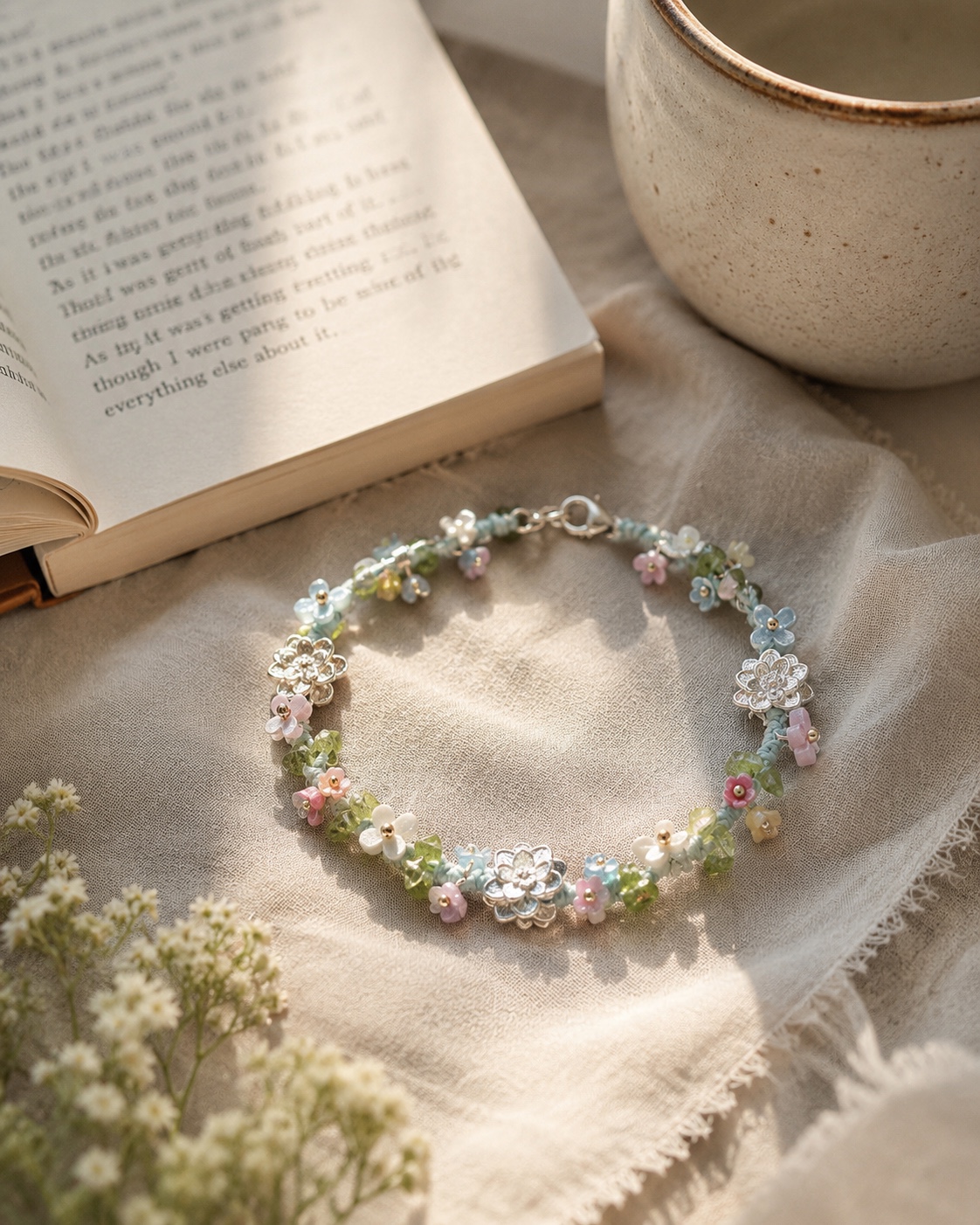 Handwoven Floral Beaded Bracelet - Soft Bloom