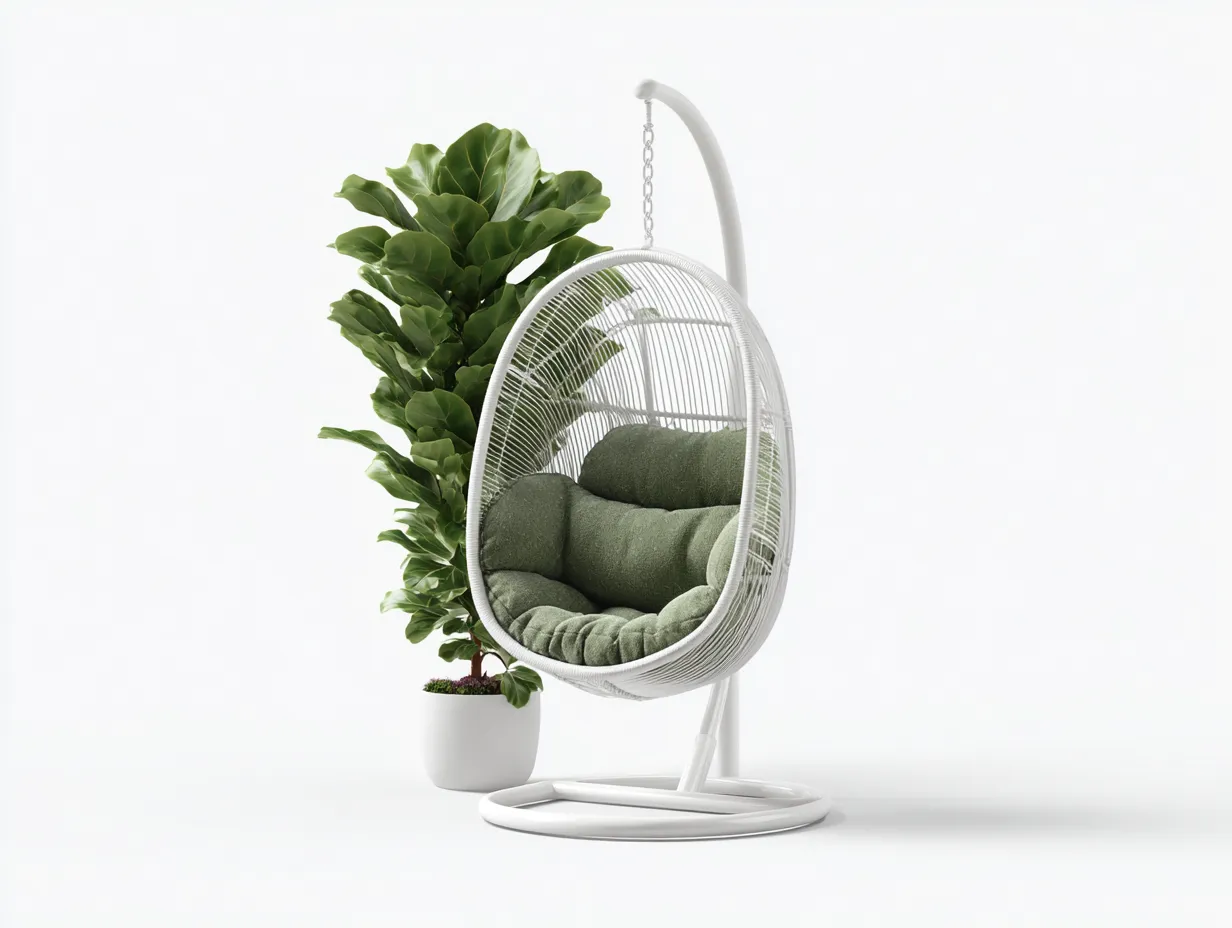 Chaise suspendue-acier-rotin synthétique-tissu-108 x 102 x 198 cm-blanc-vert-style moderne-Noriaianest