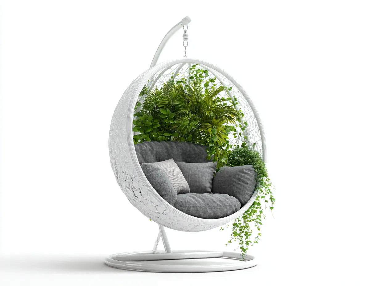 Chaise suspendue-acier-rotin synthétique-tissu-112 x 104 x 200 cm-blanc-gris-style contemporain-Noriaianest