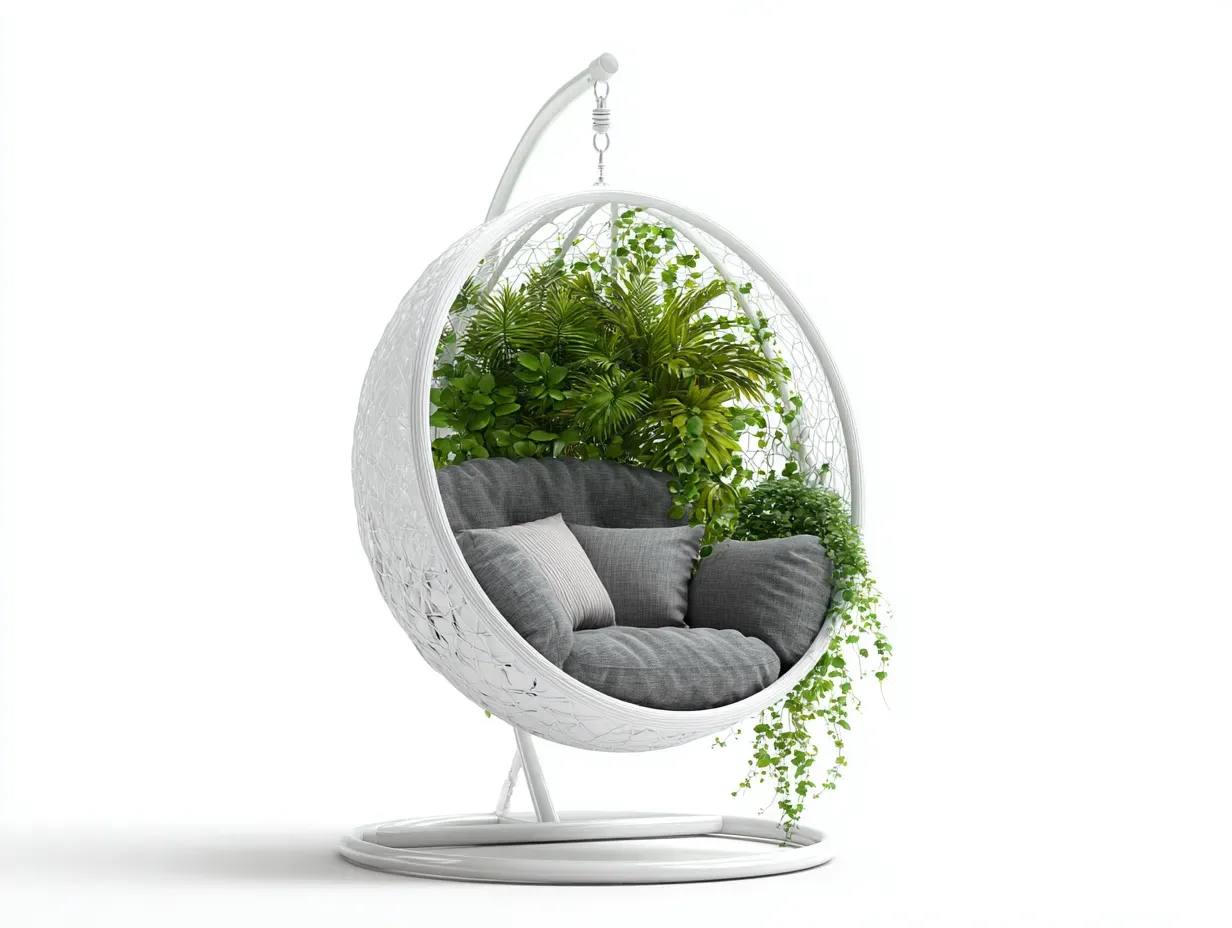 Chaise suspendue-acier-rotin synthétique-tissu-112 x 104 x 200 cm-blanc-gris-style contemporain-Noriaianest