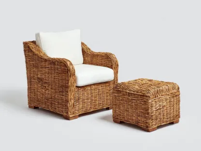 Fauteuil en rotin-rotin-tissu-88x82x92 cm-marron-blanc-style naturel avec repose-pieds carré-Rinararoom