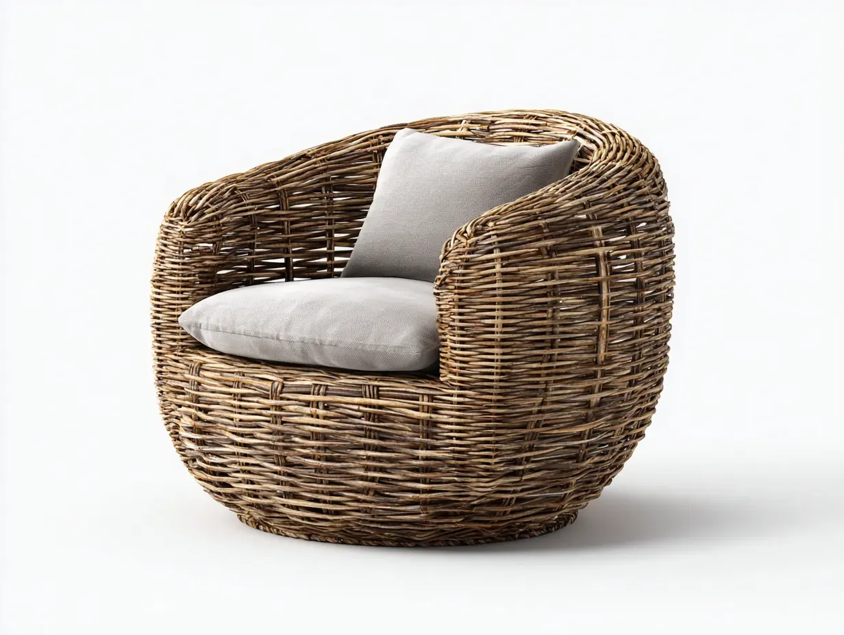Fauteuil en rotin-rotin-tissu-92x90x88 cm-marron-gris-style naturel arrondi-Rinararoom