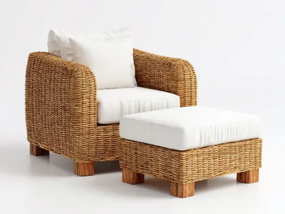 Fauteuil en rotin-rotin-tissu-94x90x100 cm-marron-blanc-style naturel avec repose-pieds rectangulaire-Rinararoom
