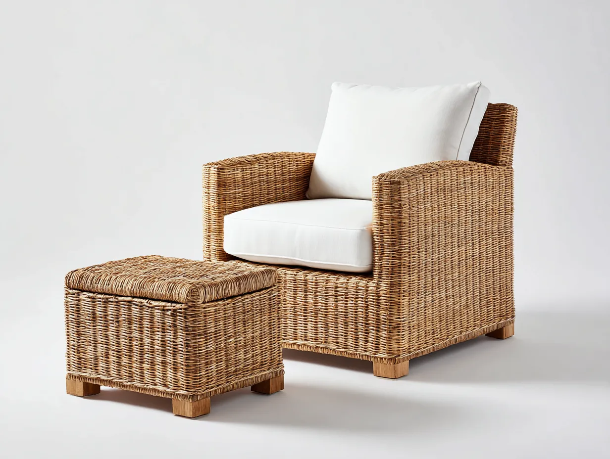 Fauteuil en rotin-rotin-tissu-90x85x95 cm-marron-blanc-style naturel avec repose-pieds rectangulaire-Rinararoom