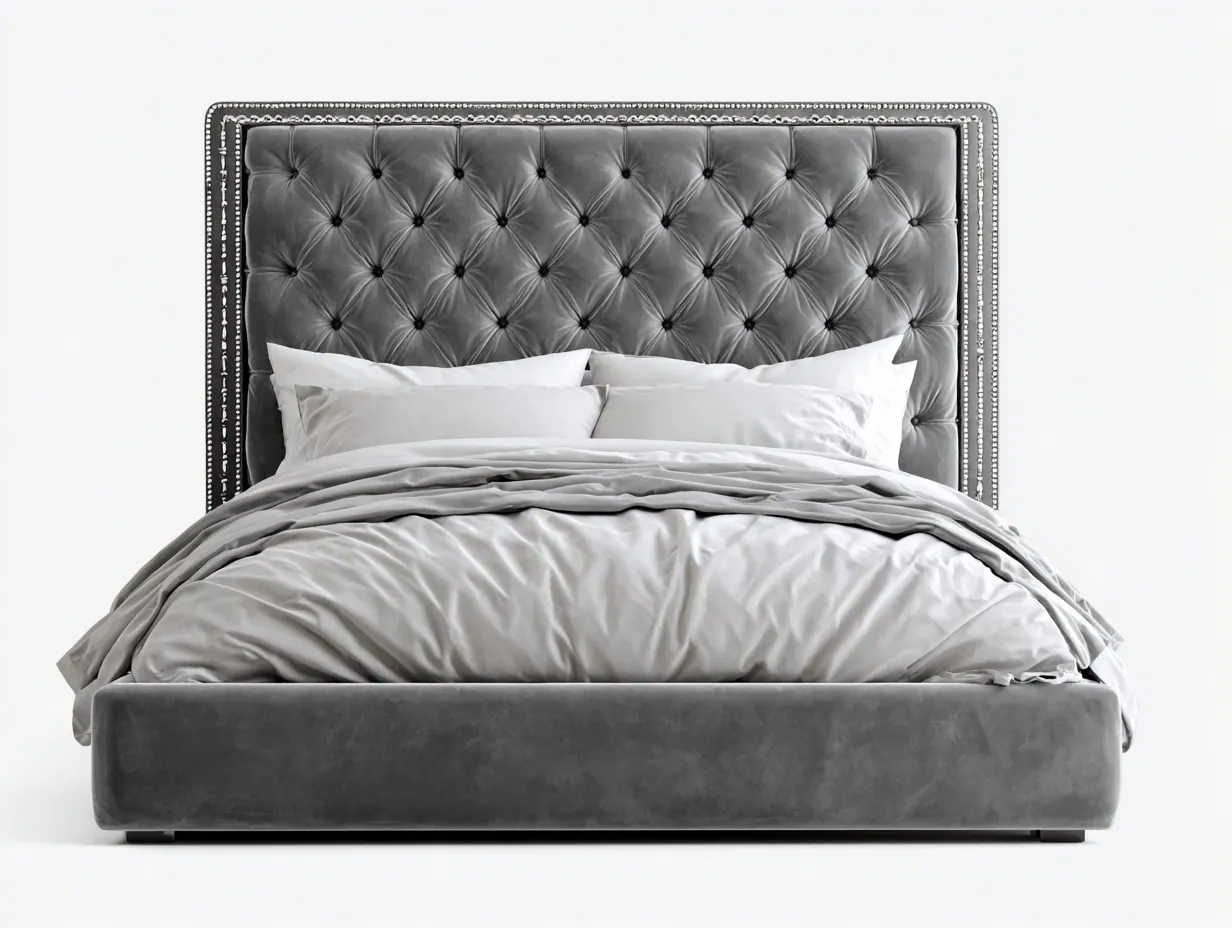 Lit double - Bois-Tissu-Métal - 222 x 188 x 145 cm - Gris - Style classique-Zalahahaus