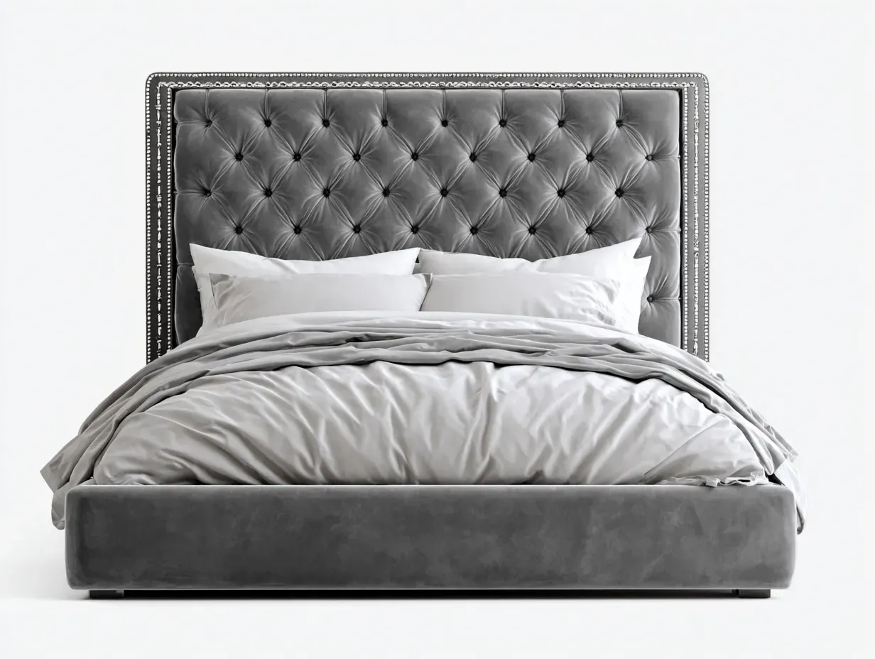 Lit double - Bois-Tissu-Métal - 222 x 188 x 145 cm - Gris - Style classique-Zalahahaus