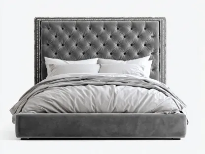 Lit double - Bois-Tissu-Métal - 222 x 188 x 145 cm - Gris - Style classique-Zalahahaus