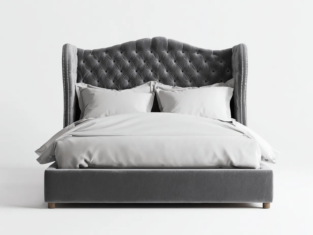 Lit double - Bois-Tissu-Métal - 224 x 190 x 150 cm - Gris foncé - Style classique-Zalahahaus