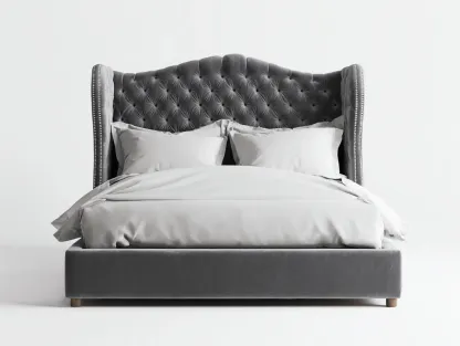 Lit double - Bois-Tissu-Métal - 224 x 190 x 150 cm - Gris foncé - Style classique-Zalahahaus