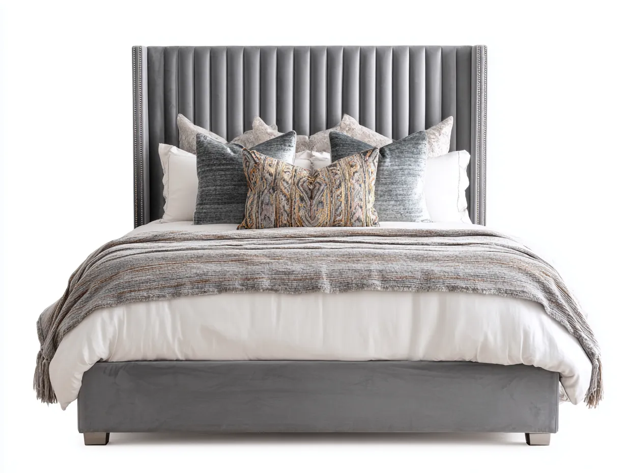 Lit double - Bois-Tissu - 212 x 178 x 140 cm - Gris - Style moderne-Zalahahaus