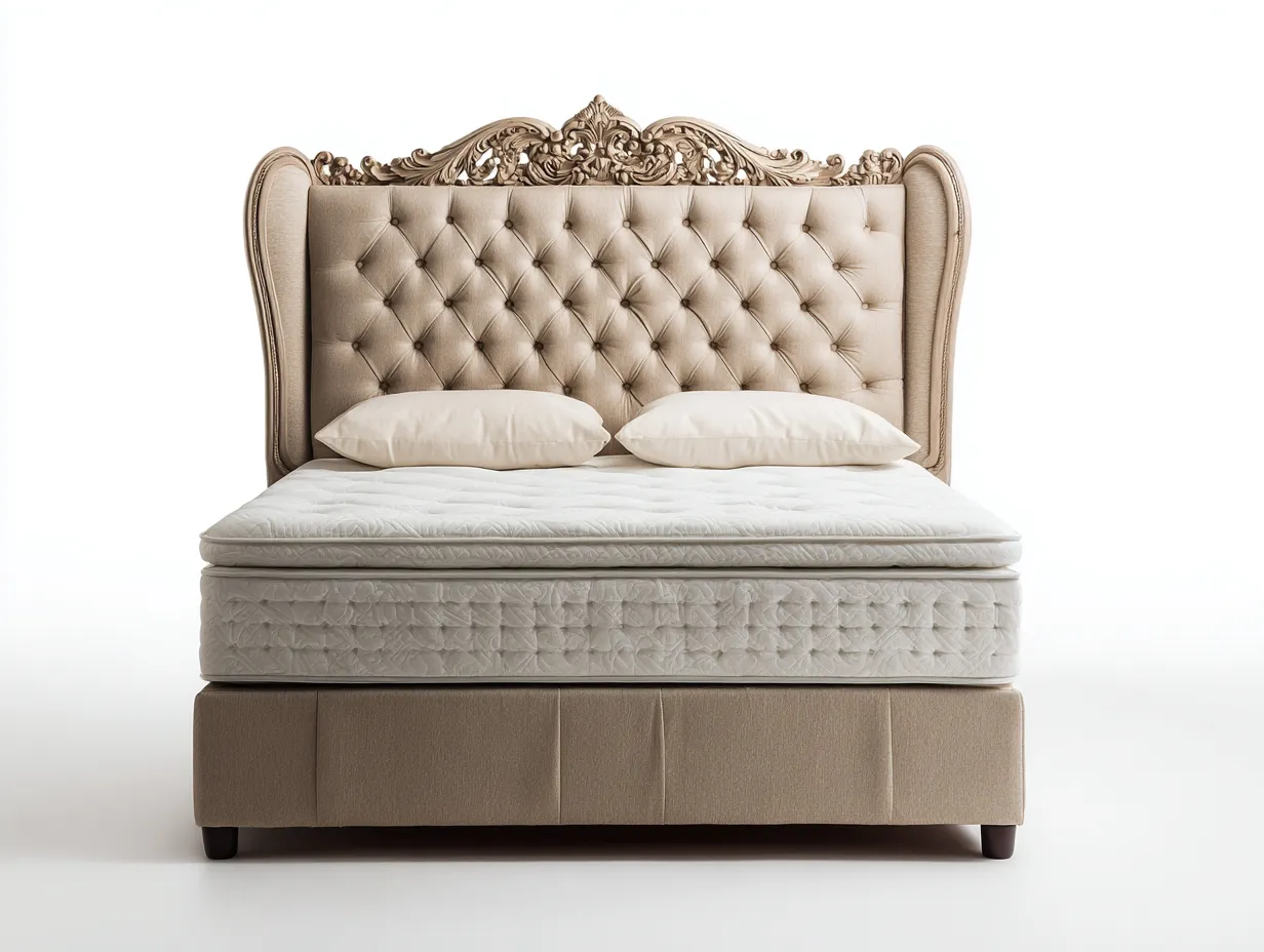 Lit double - Bois-Tissu - 215 x 180 x 145 cm - Beige - Style classique-Zalahahaus