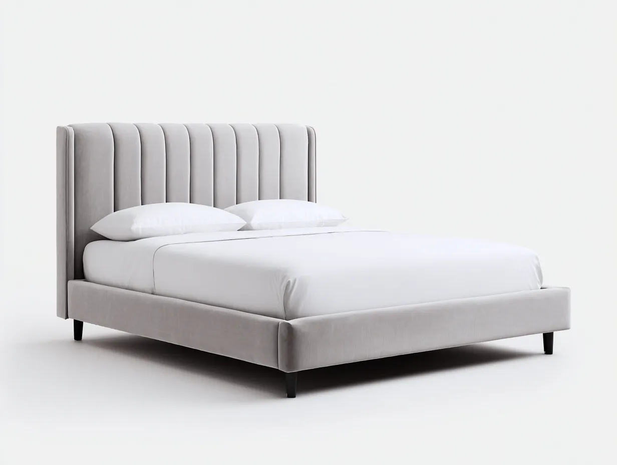 Lit double - Bois-Tissu-Métal - 206 x 168 x 115 cm - Gris clair - Style moderne-Zalahahaus