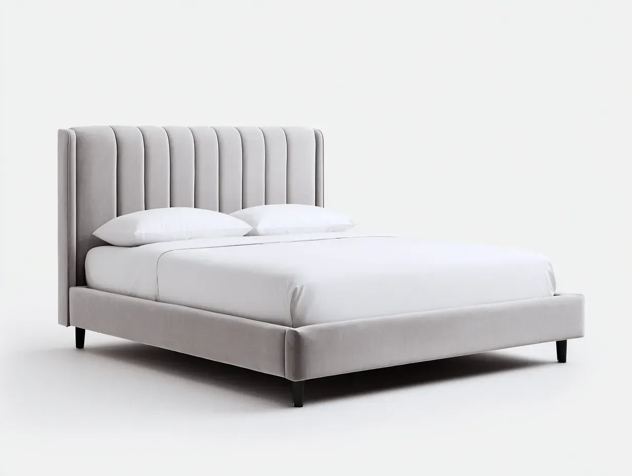 Lit double - Bois-Tissu-Métal - 206 x 168 x 115 cm - Gris clair - Style moderne-Zalahahaus