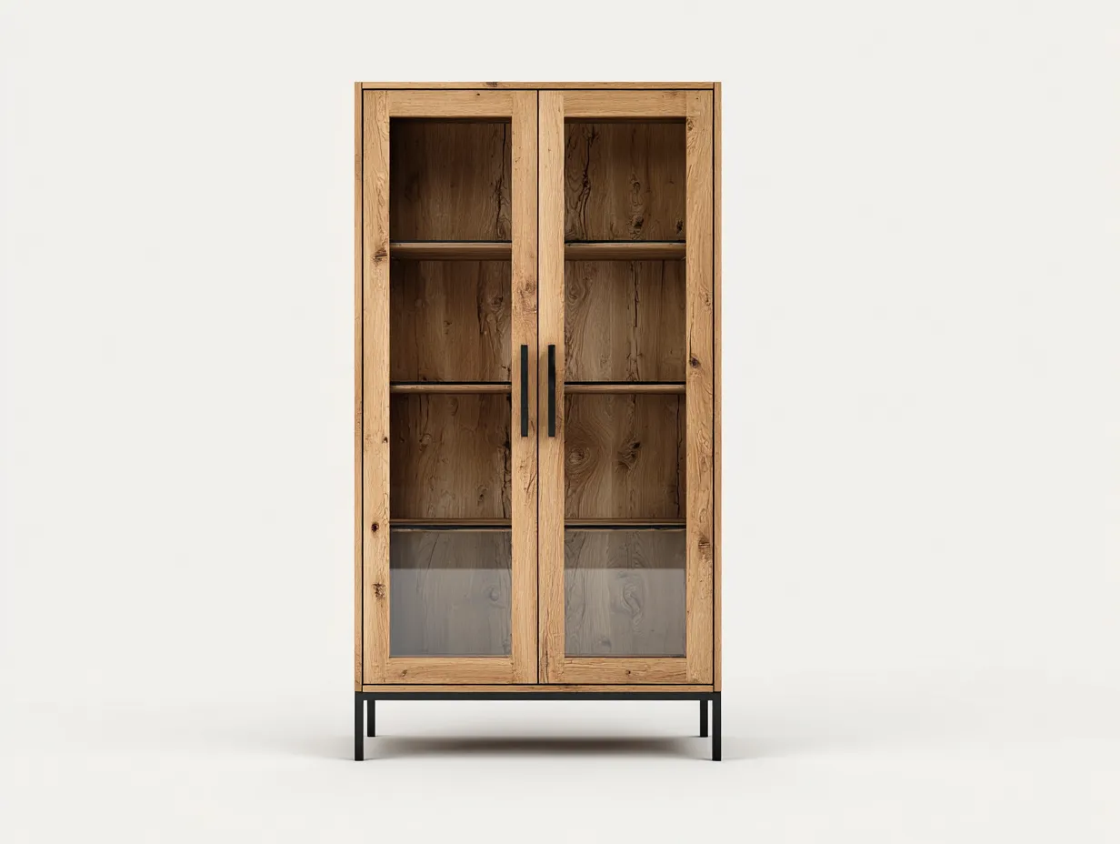 Vitrine-bois-verre-métal-90 x 45 x 180 cm-chêne naturel-noir-style scandinave-Damoocorner