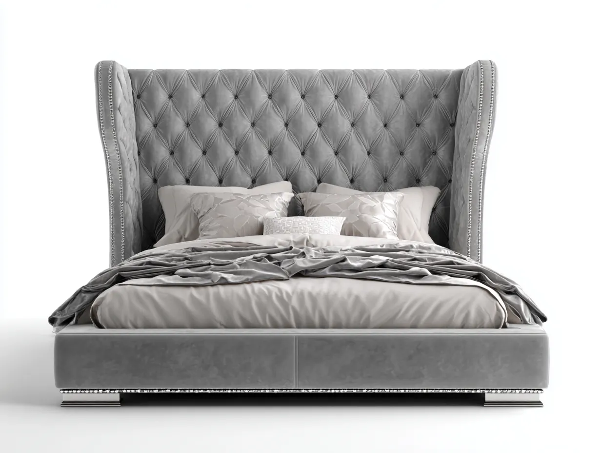 Lit double - bois-velours - 228 x 182 x 132 cm - gris argenté - style capitonné élégant-Modiiohaus
