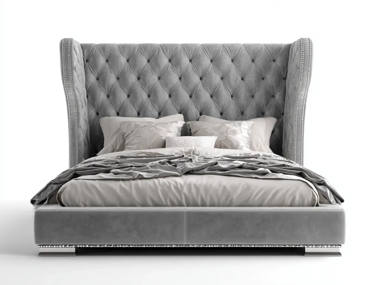 Lit double - bois-velours - 228 x 182 x 132 cm - gris argenté - style capitonné élégant-Modiiohaus