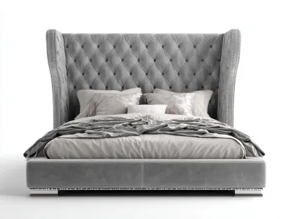 Lit double - bois-velours - 228 x 182 x 132 cm - gris argenté - style capitonné élégant-Modiiohaus